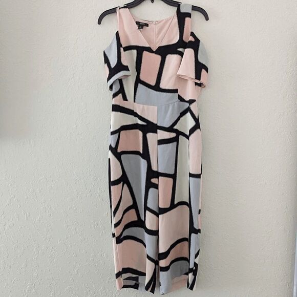 Women's Alfani Jumpsuit Capris Wide-Leg Romper Cold Shoulder Pink Black Artistic - Picture 1 of 12